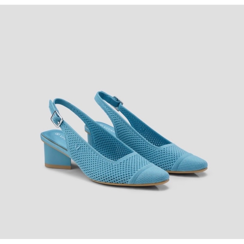 Vivaia Slingback Heel Women 40 Blue Pointed Toe Block Heel Knit Sustainable Pump - Picture 1 of 10